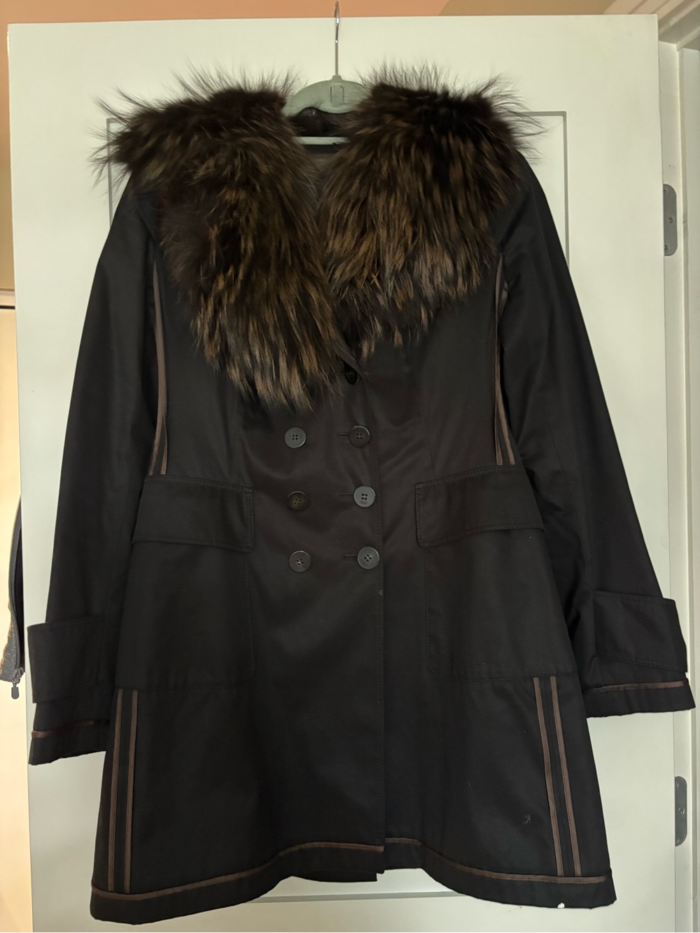 Fendi Black Trench Coat with Brown Fur Collar